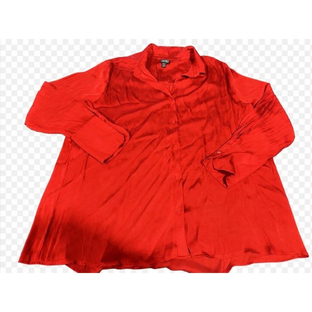 Worthington Women’s XXL 2XL Red Satin Blouse Long Sleeve Button Up Silk-Like